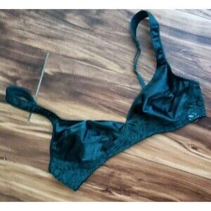 Von Raalte Bralette Bra Size 36B Unlined Satin Lace Dark Green Plunge Vintage